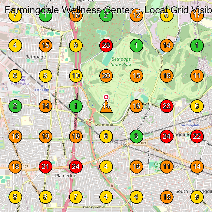 Farmingdale Wellness Center Wellness Center GeoGrid ranking map for Farmingdale NY
